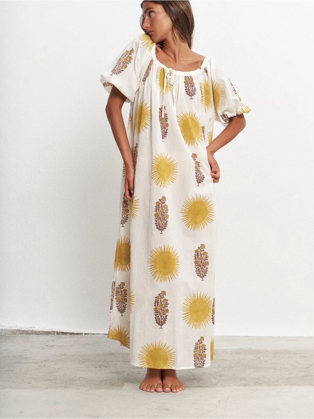 Par y Escala White Cotton Mafalda Maxi Dress - Yellow Sun Block Print S/M